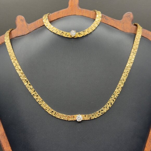 Jewelry - Vintage Gold Tone Textured Nugget Link Necklace Bracelet Set Crystal Accent